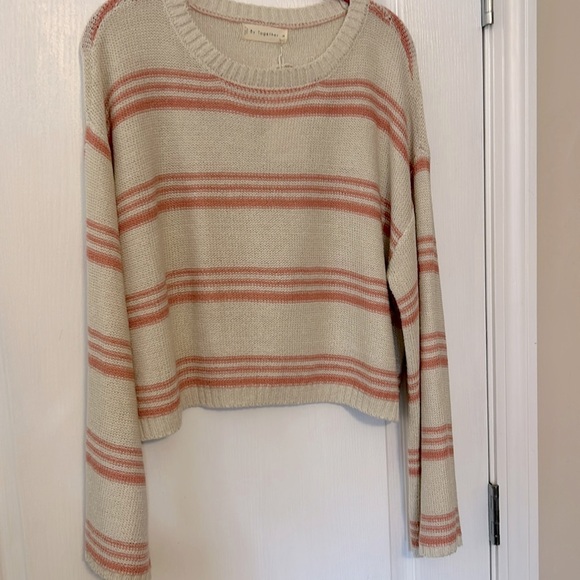 By Together coral and beige striped sweater with bell sleeves perfect fall top - Picture 2 of 4